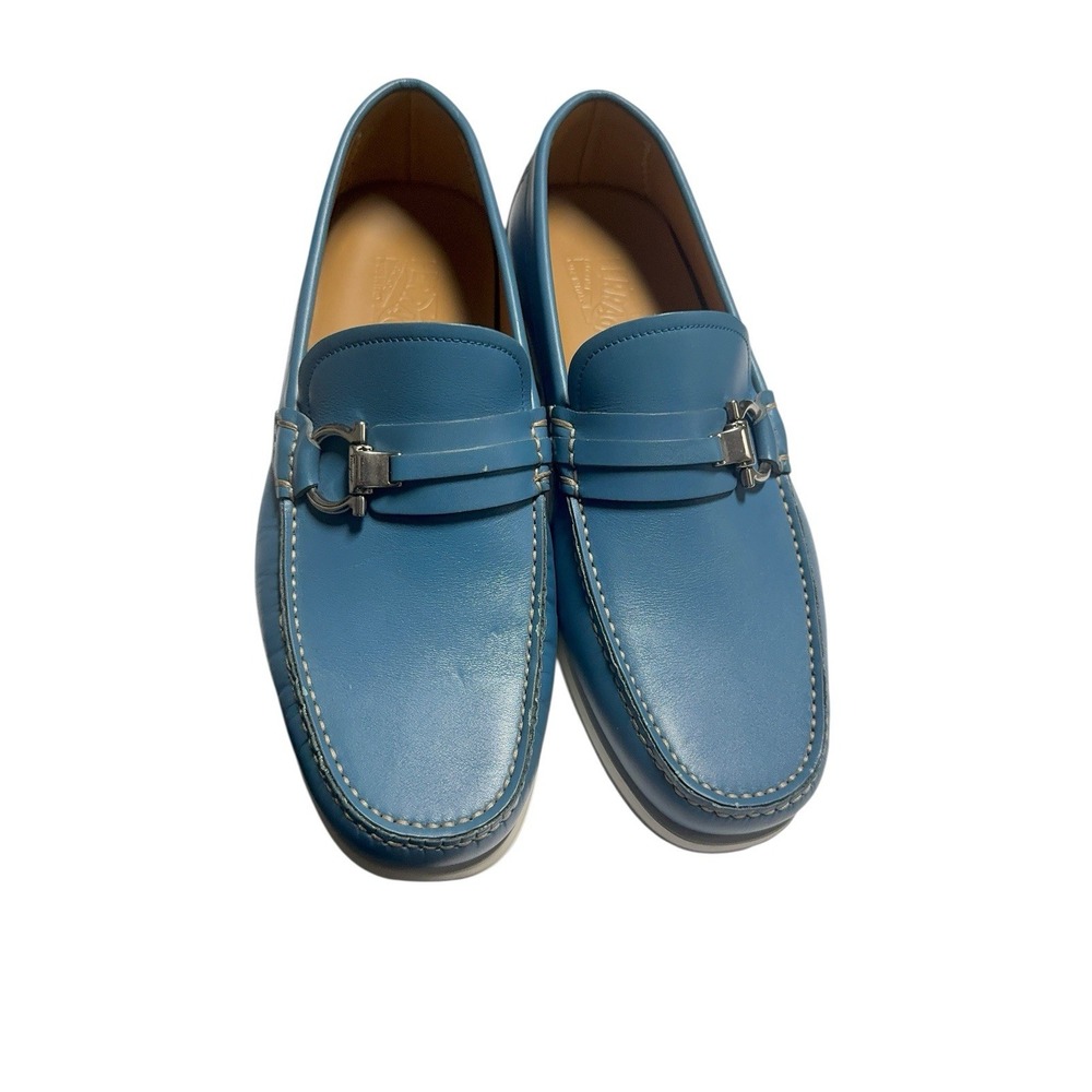 Salvatore Ferragamo‎ Blue Leather Gancini Driver Loafers Men's Italy Luxury